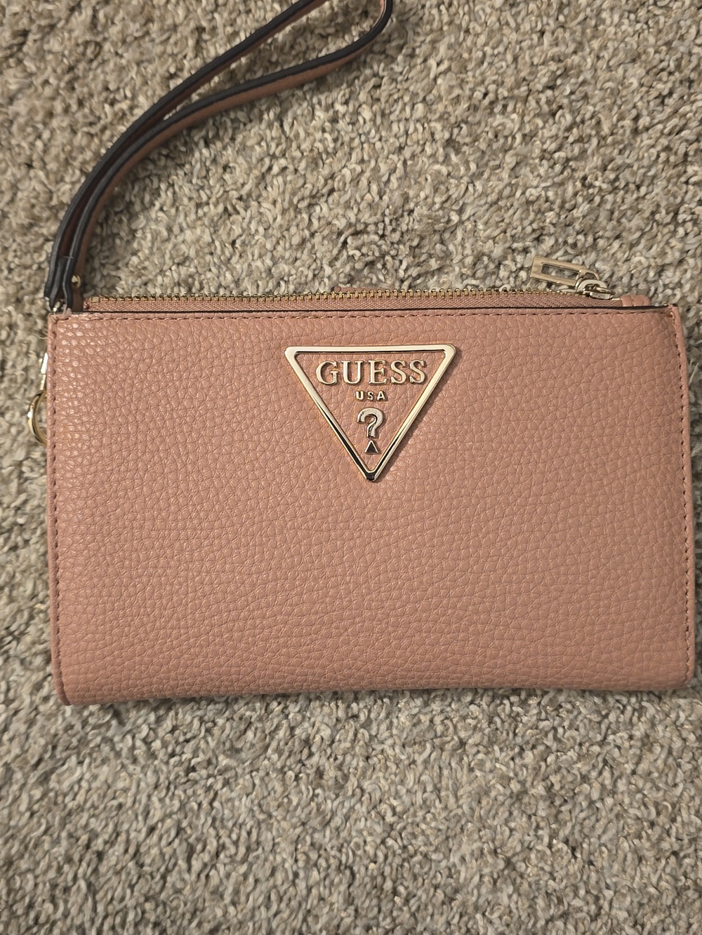Guess Rose Pink Pebbled Leather Wristlet with Gold Logo